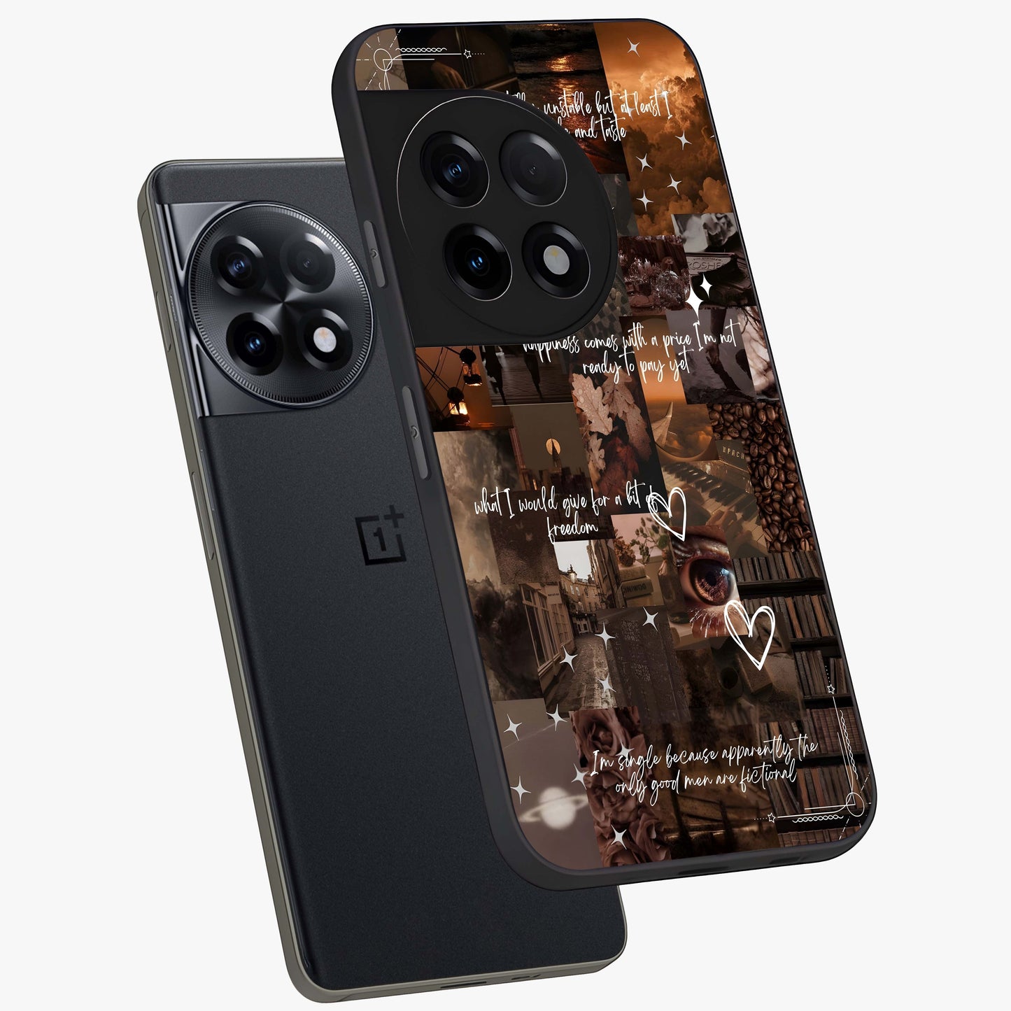 Bittersweet Aesthetic Chaos Glass Case for 1+11R angled mockup showcasing glossy finish and artistic chaotic design