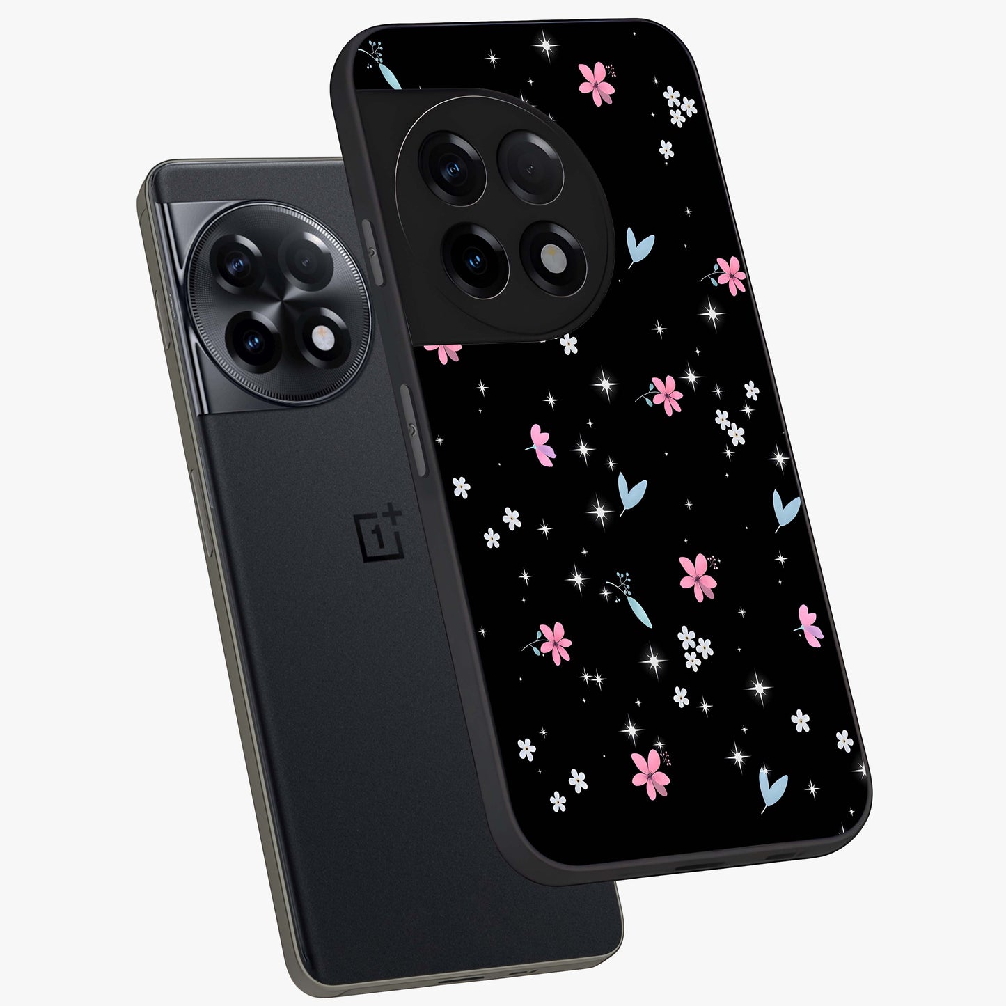 Black Aesthetic Wallpapers Glass Case for 1+11R angled mockup showcasing glossy finish and deep black tones