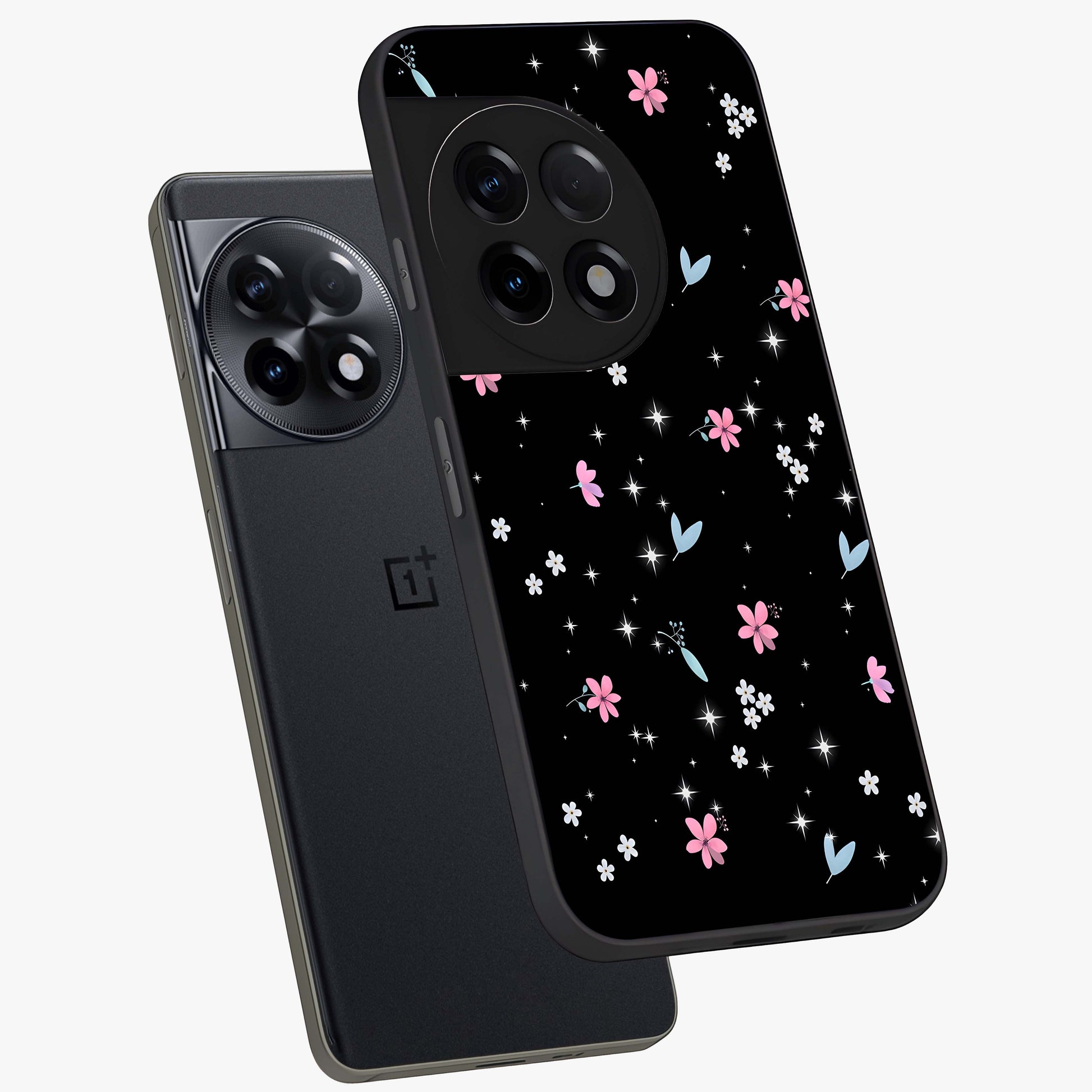 Black Aesthetic Wallpapers Glass Case for 1+11R angled mockup showcasing glossy finish and deep black tones