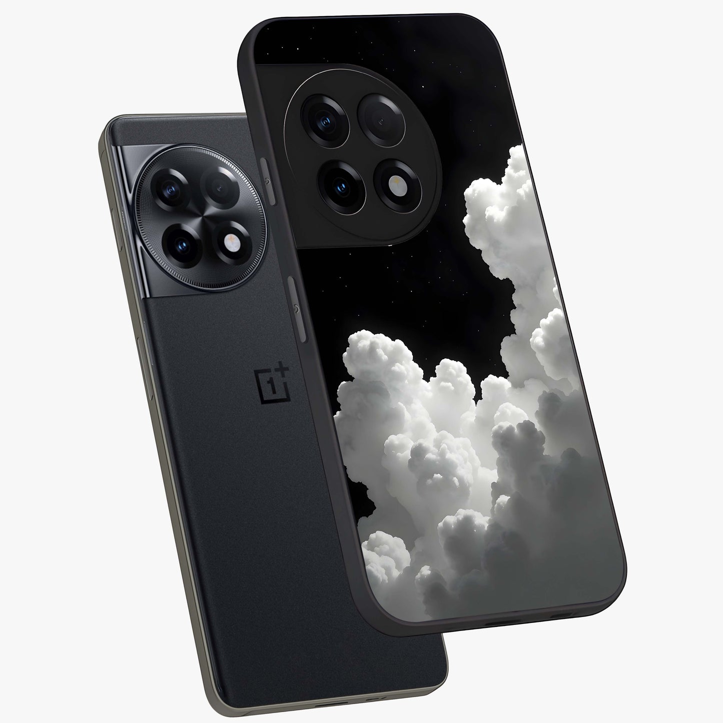 Black Background With White Cloud Glass Case for 1+11R angled mockup showcasing glossy finish and high contrast design