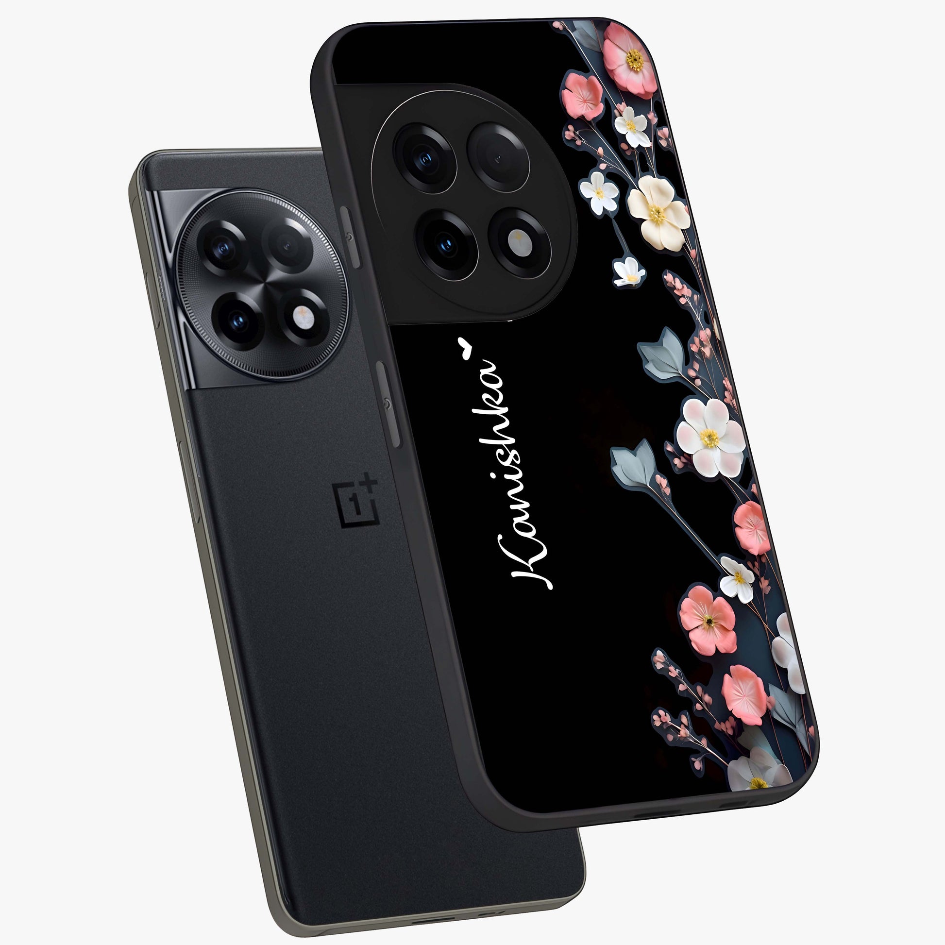 Black Elegance Floral Custom Name Glass Case for 1+11R angled mockup showcasing glossy finish and sophisticated black theme