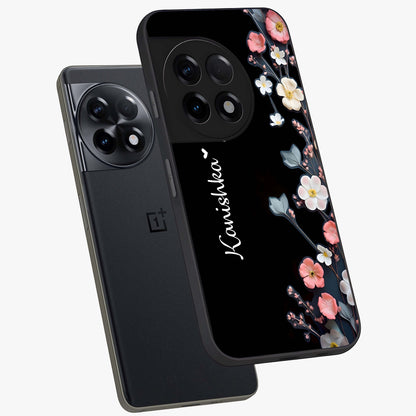 Black Elegance Floral Custom Name Glass Case for 1+11R angled mockup showcasing glossy finish and sophisticated black theme