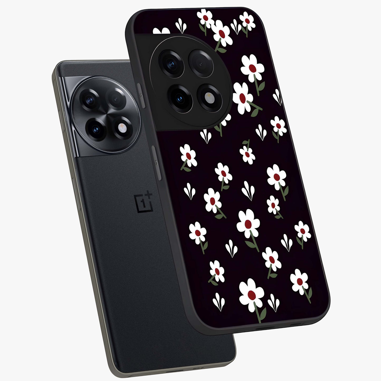 Black Prints Daisy Flower Pattern Glass Case for 1+11R angled mockup showcasing glossy finish and bold floral contrast