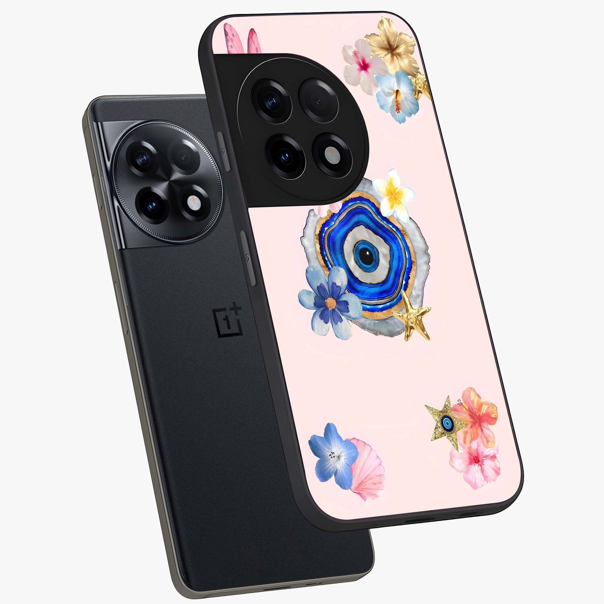Blossom Evil Charm Glass Case for 1+11R angled mockup showcasing glossy finish and protective charm design