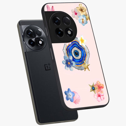 Blossom Evil Charm Glass Case for 1+11R angled mockup showcasing glossy finish and protective charm design