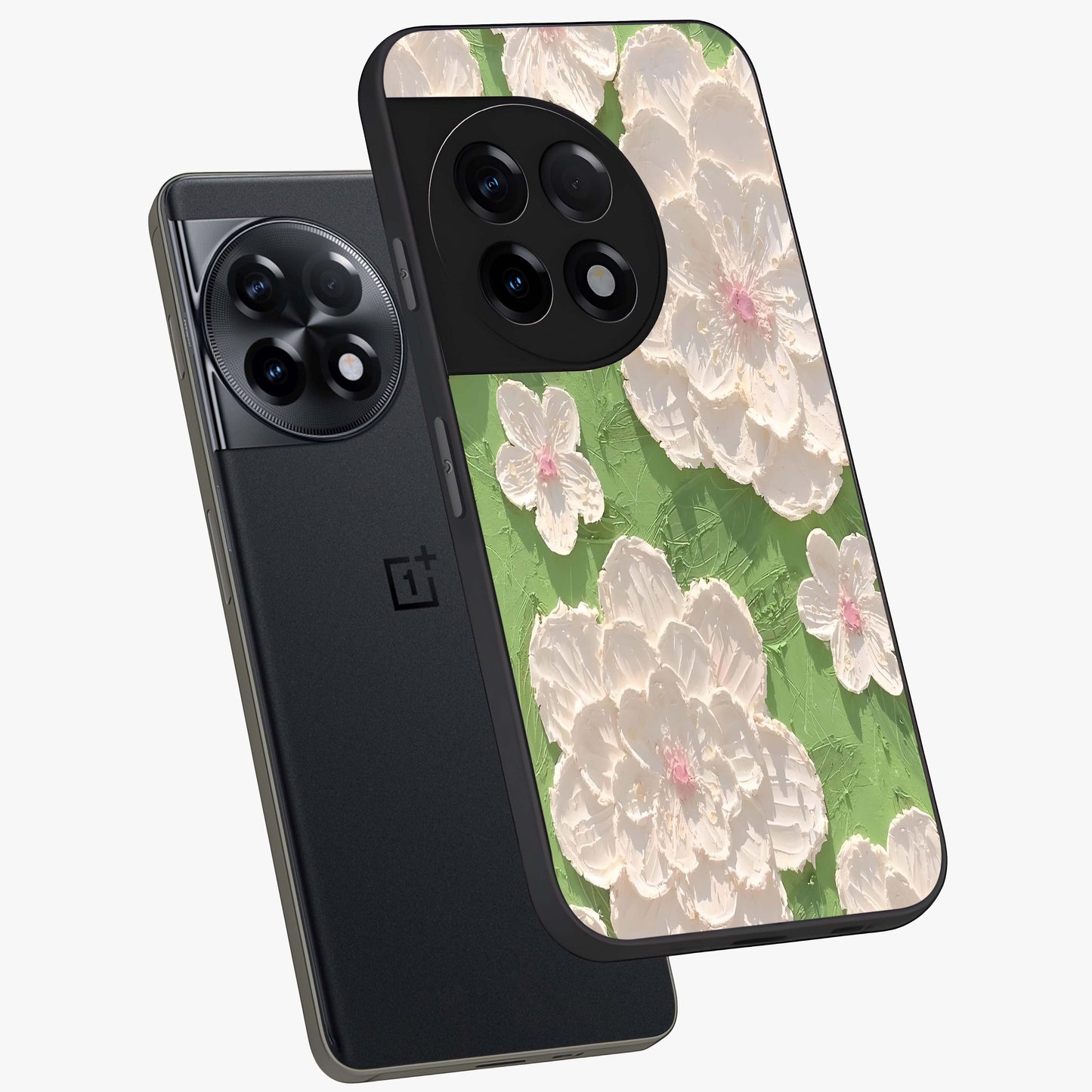 Blossom Meadow Dreams Glass Case for 1+11R angled mockup showcasing glossy finish and pastel bloom textures