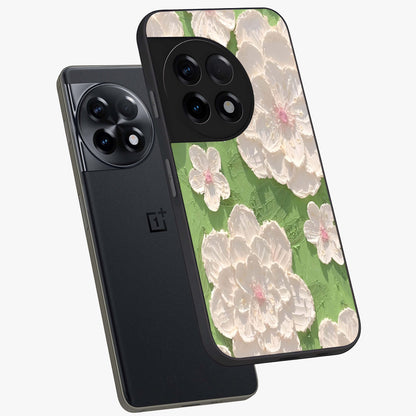 Blossom Meadow Dreams Glass Case for 1+11R angled mockup showcasing glossy finish and pastel bloom textures