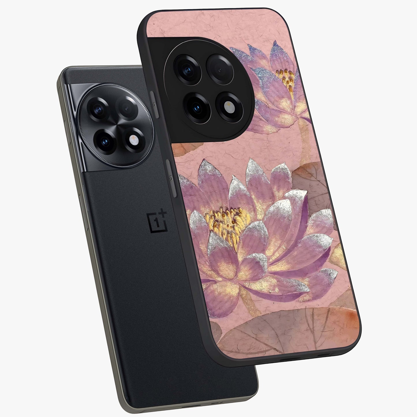 Blossom Mist Lotus Glass Case for 1+11R angled mockup showcasing glossy finish and peaceful floral detailing