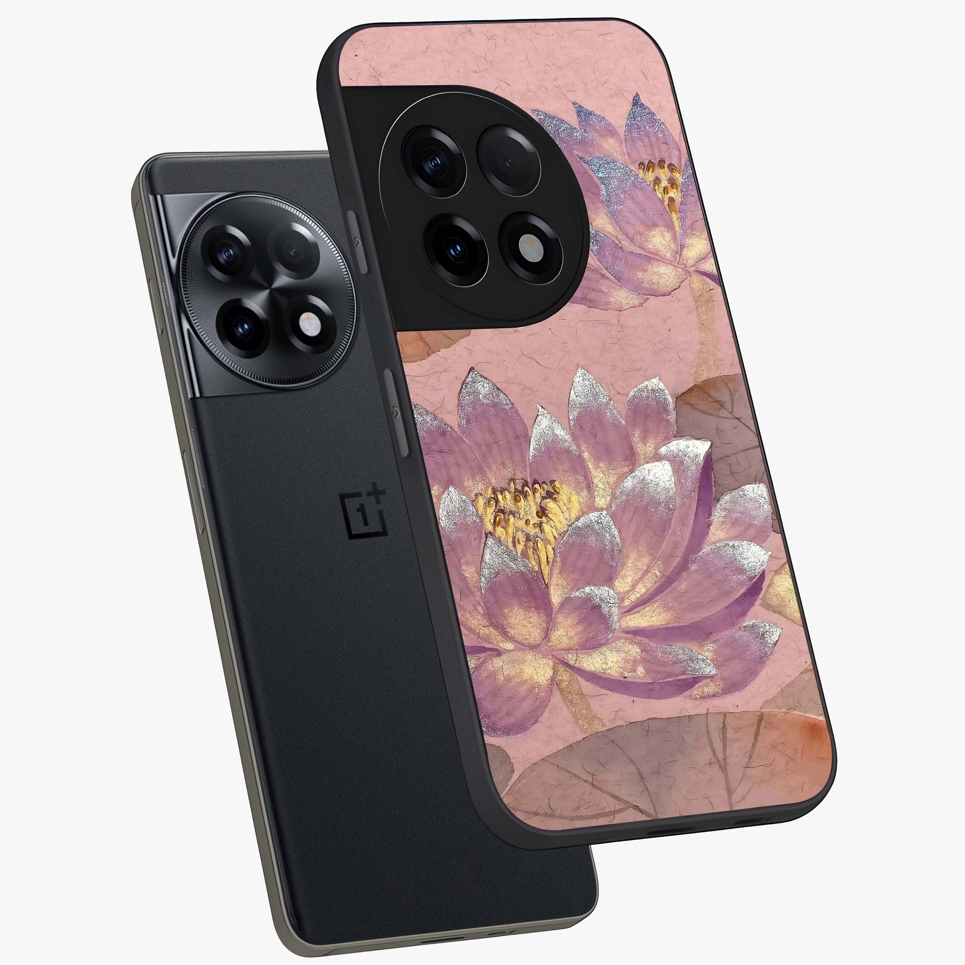 Blossom Mist Lotus Glass Case for 1+11R angled mockup showcasing glossy finish and peaceful floral detailing