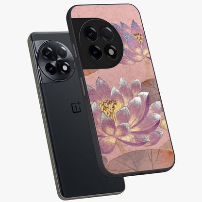 Blossom Mist Lotus Glass Case for 1+11R angled mockup showcasing glossy finish and peaceful floral detailing