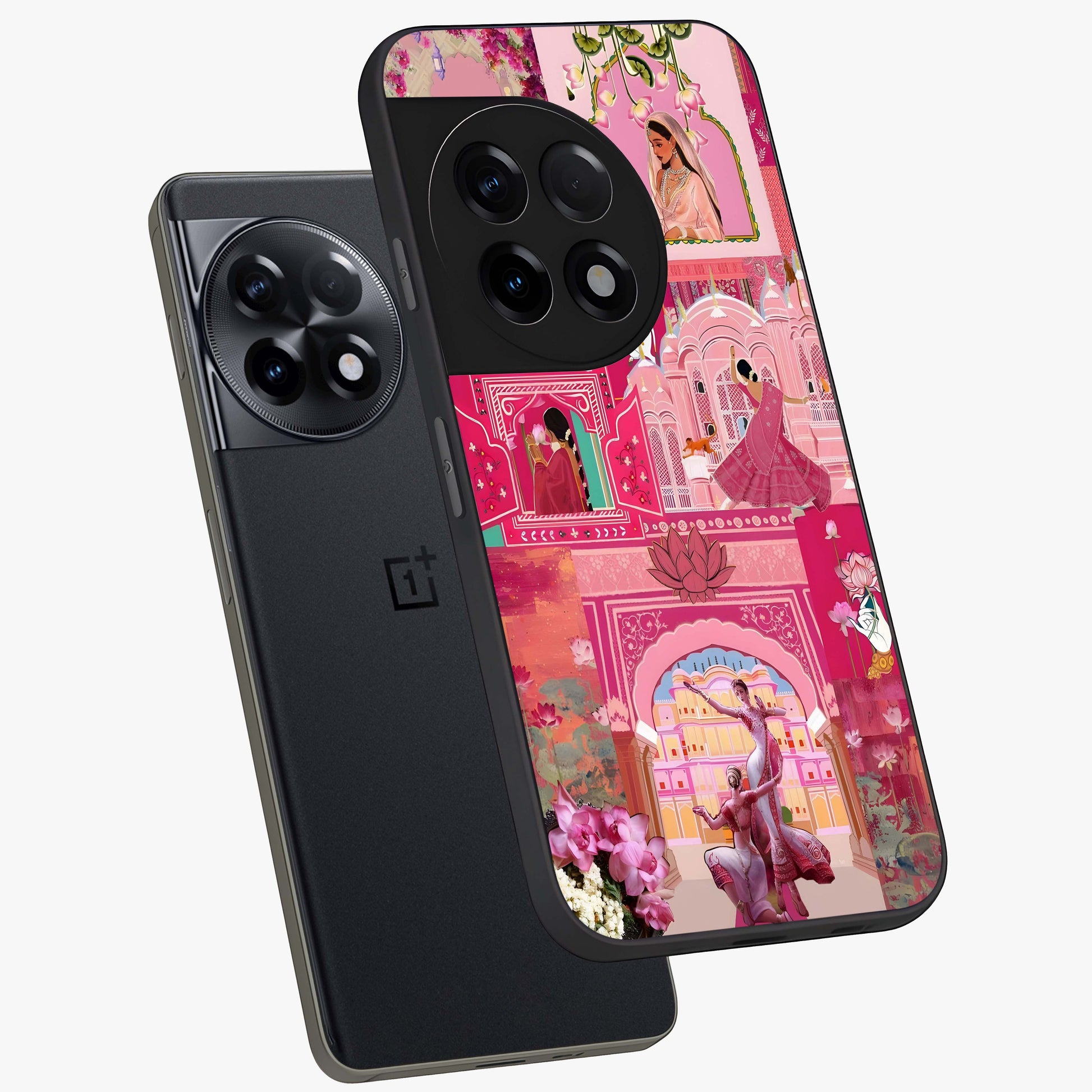 Blossoms of Rajasthan Glass Case for 1+11R angled mockup showcasing glossy finish and rich cultural patterns