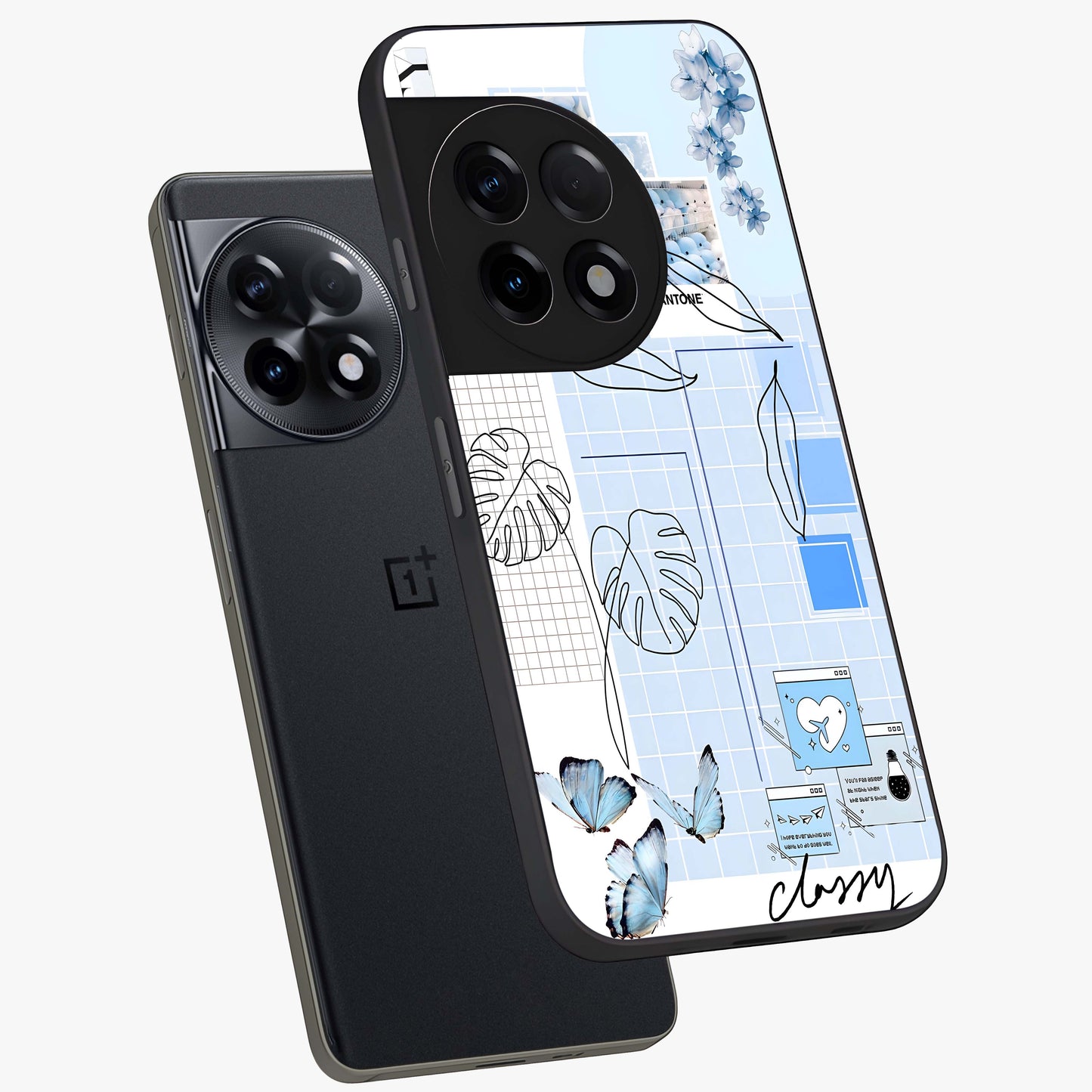 Blue Aesthetic Flower Glass Case for 1+11R angled mockup showcasing glossy finish and delicate bloom design