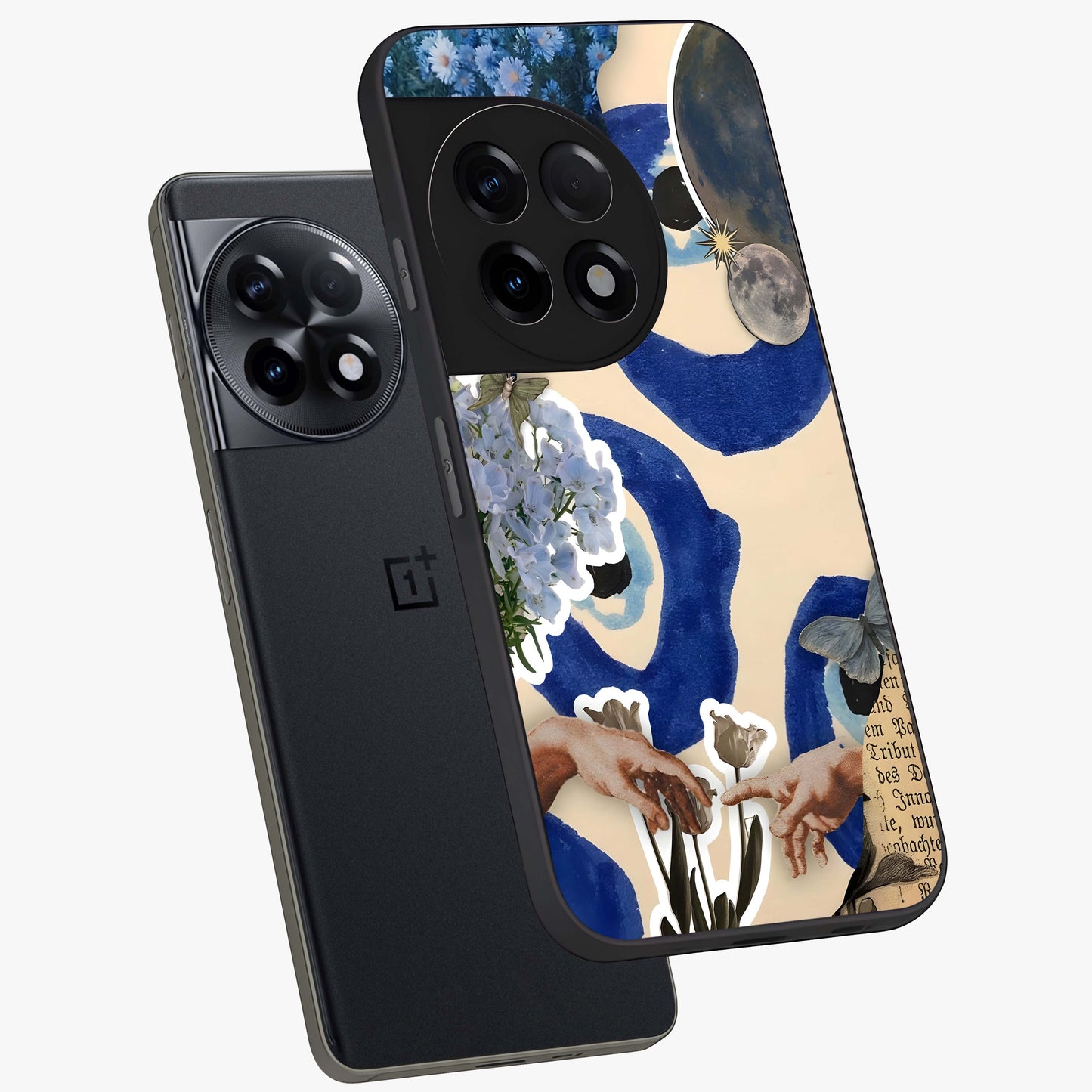 Blue Evil Divine Glass Case for 1+11R angled mockup showcasing glossy finish and striking blue symbol design