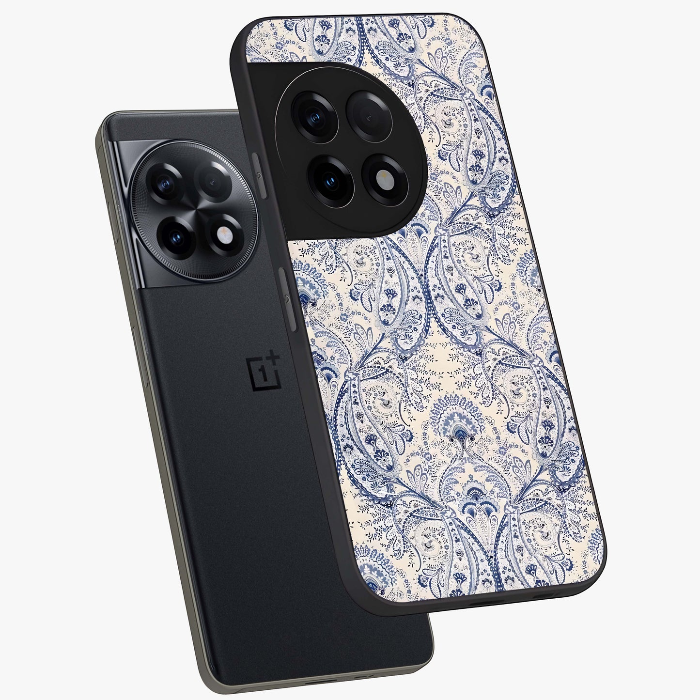 Blue Paisley Bloom Glass Case for 1+11R angled mockup showcasing glossy finish and detailed ornamental design