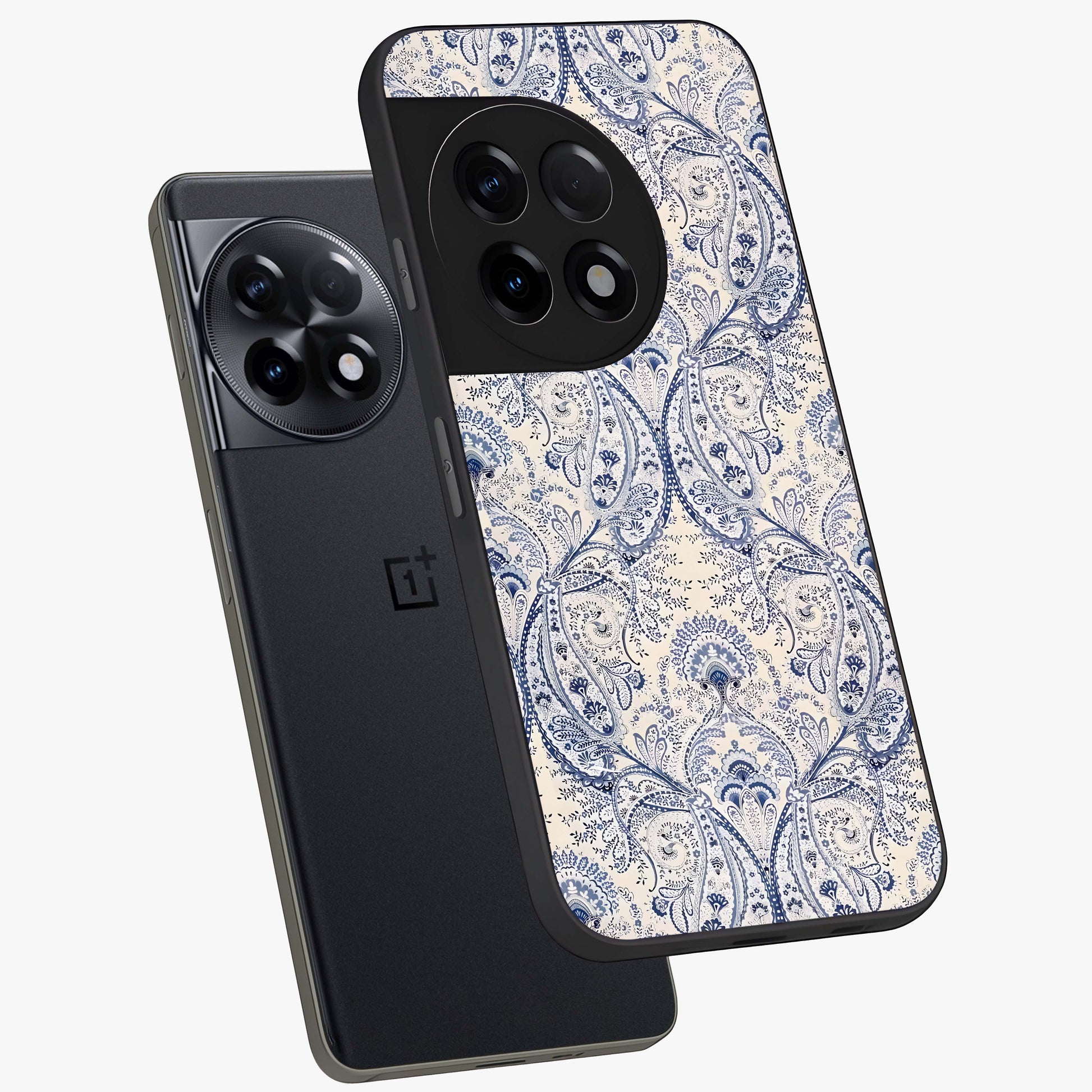 Blue Paisley Bloom Glass Case for 1+11R angled mockup showcasing glossy finish and detailed ornamental design