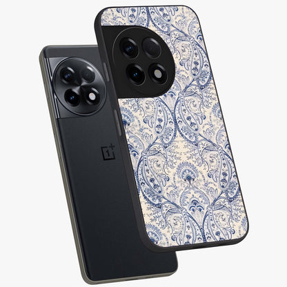 Blue Paisley Bloom Glass Case for 1+11R angled mockup showcasing glossy finish and detailed ornamental design