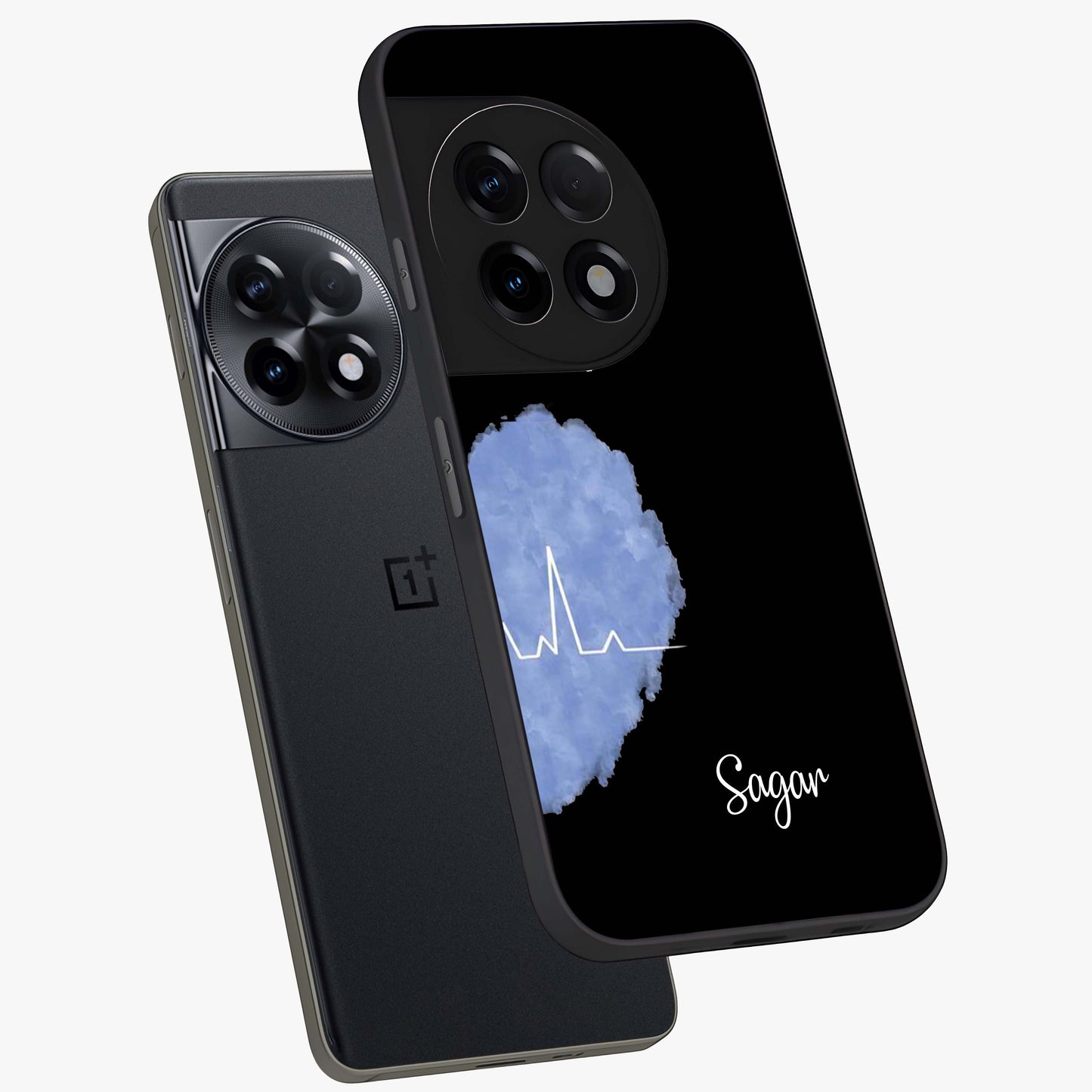 Blue Pulse Bond Glass Case for 1+11R angled mockup showcasing glossy glass finish and vibrant energy design