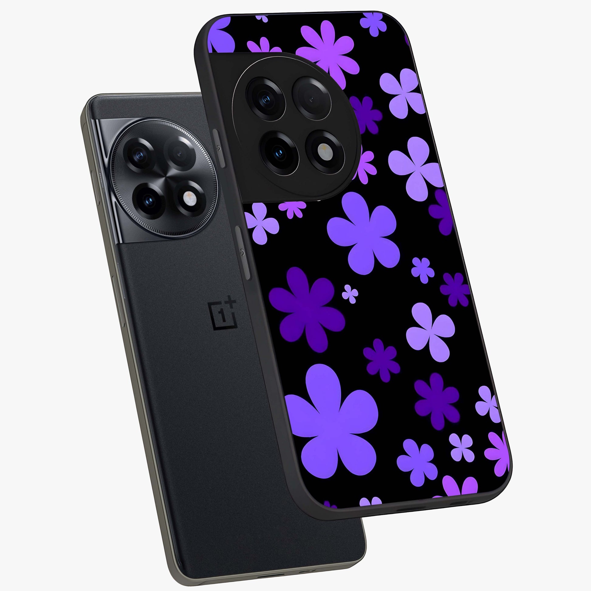 Blue Retro Pop Flowers Glass Case for 1+11R angled mockup showcasing glossy finish and playful pop flower design