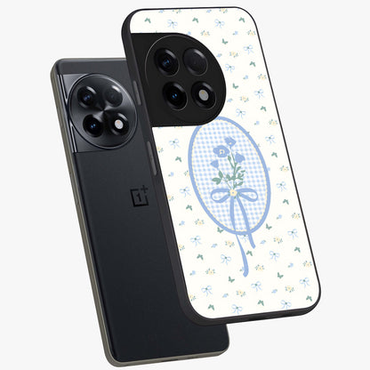 Blue Ribbon Bloom Glass Case for 1+11R angled mockup showcasing glossy finish and delicate bloom detailing