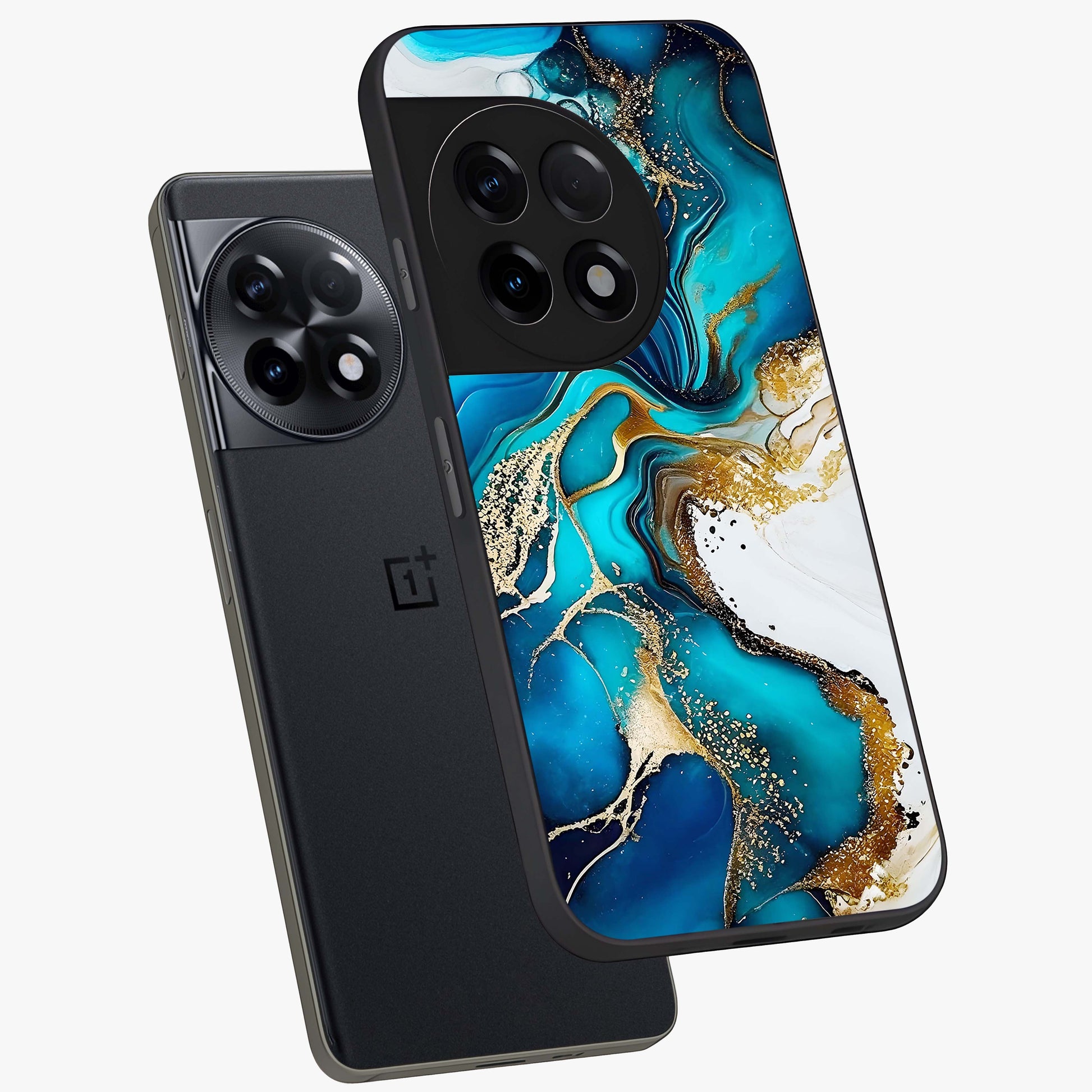 Blue and White Marble With Golden Viens Art Glass Case for 1+11R angled mockup showcasing glossy finish and premium marble pattern