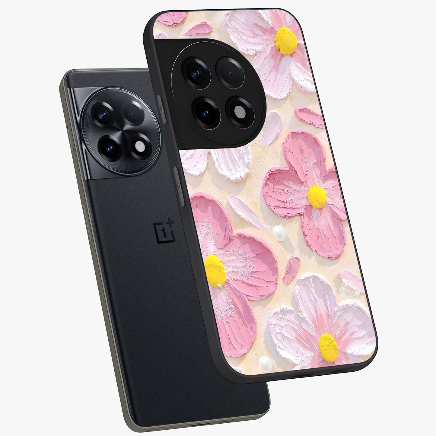 Blush Bloom Texture Glass Case for 1+11R angled mockup showcasing glossy finish and layered texture detailing