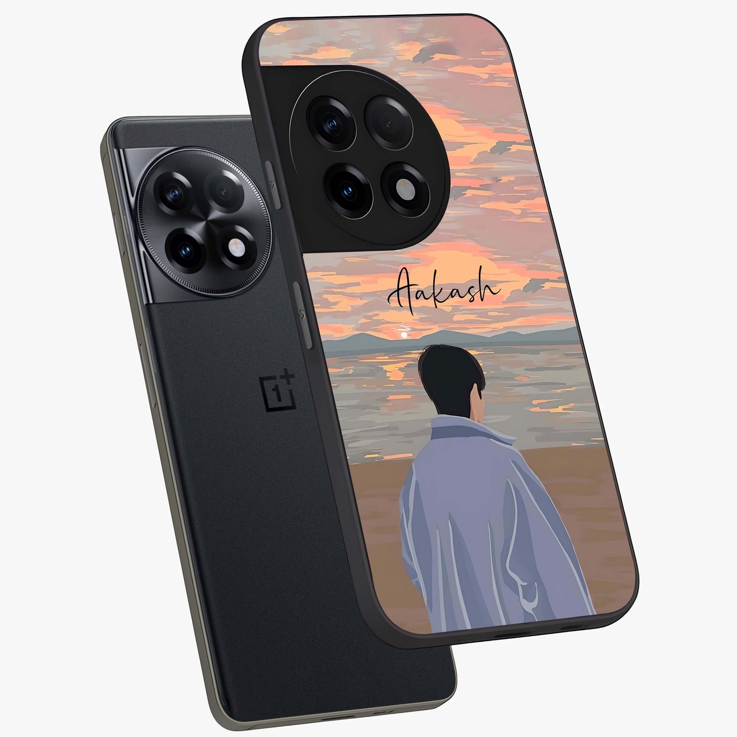 Boy Facing Sunset Beach Glass Case for 1+11R angled mockup showcasing glossy finish and warm beach tones