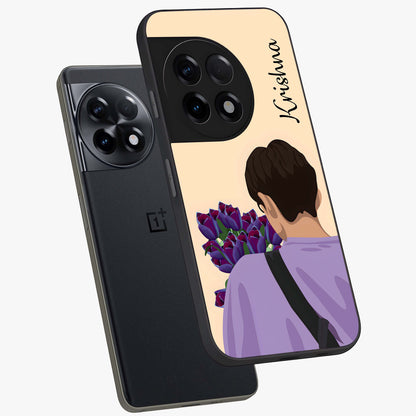 Boy Holding Flowers Glass Case for 1+11R angled mockup showcasing glossy finish and gentle pastel artwork