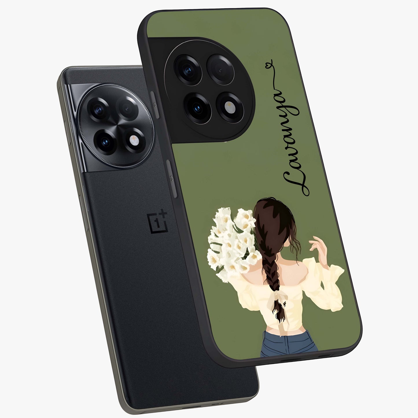 Braided Spring Beauty With Custom Name Glass Case for 1+11R angled mockup showcasing glossy finish and spring inspired detailing