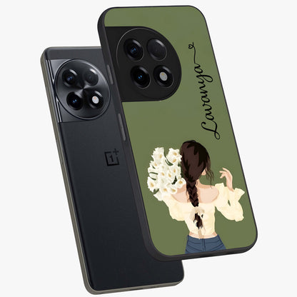 Braided Spring Beauty With Custom Name Glass Case for 1+11R angled mockup showcasing glossy finish and spring inspired detailing