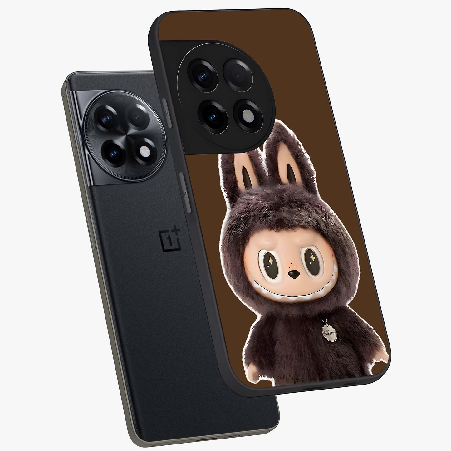 Brown Labubu Design Glass Case for 1+11R angled mockup showcasing glossy finish and detailed cartoon illustration