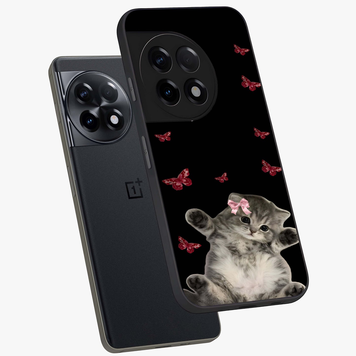 Butterfly Cat Bliss Glass Case for 1+11R angled mockup showcasing glossy finish and soft pastel tones