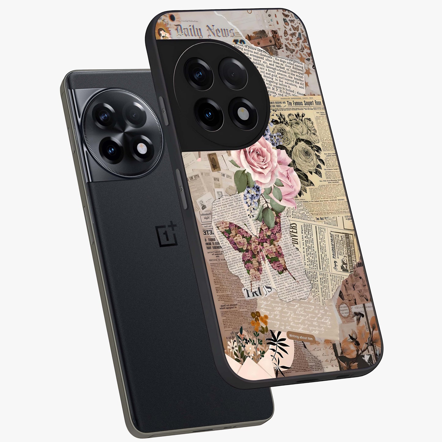 Butterfly News Bloom Glass Case for 1+11R angled mockup showcasing glossy finish and vibrant nature design