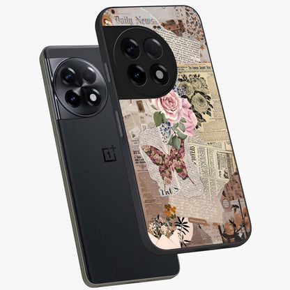 Butterfly News Bloom Glass Case for 1+11R angled mockup showcasing glossy finish and vibrant nature design