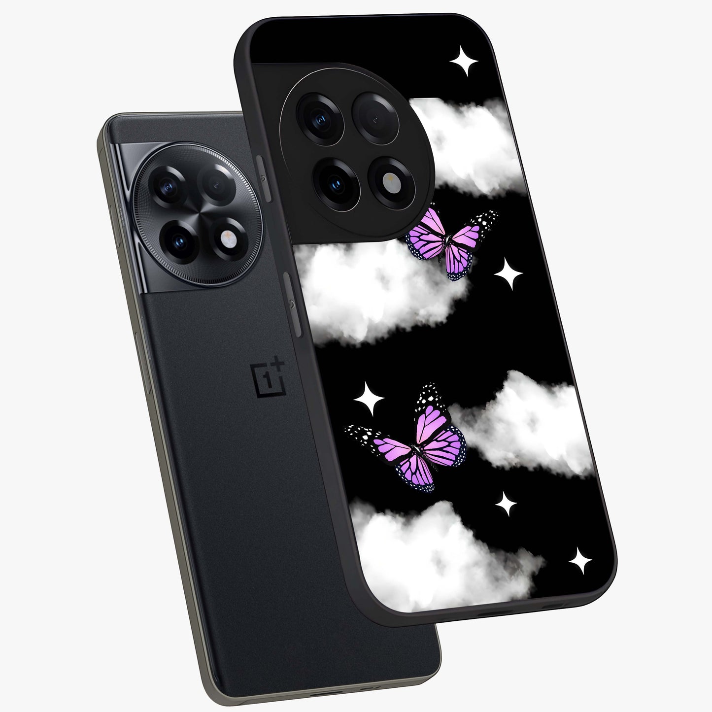 Butterfly Night Drift Glass Case for 1+11R angled mockup showcasing glossy finish and deep midnight gradients