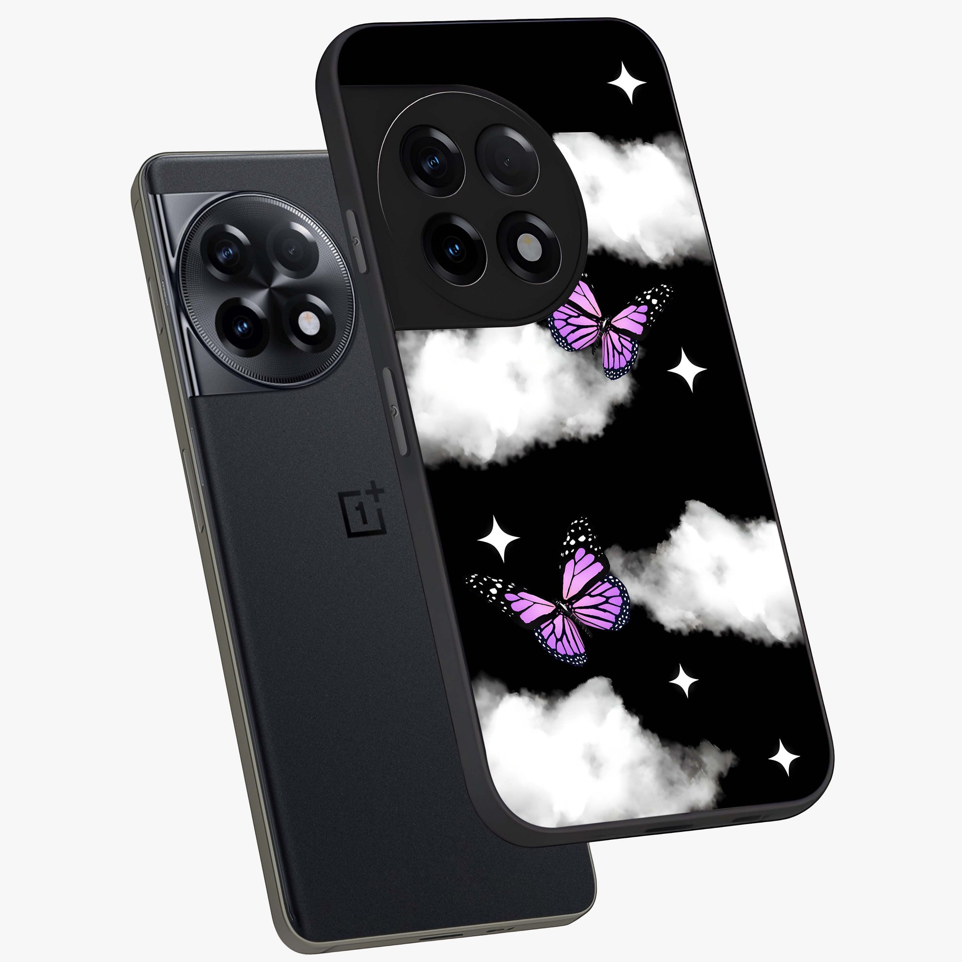 Butterfly Night Drift Glass Case for 1+11R angled mockup showcasing glossy finish and deep midnight gradients