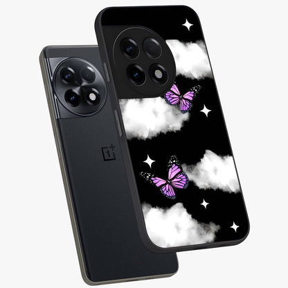 Butterfly Night Drift Glass Case for 1+11R angled mockup showcasing glossy finish and deep midnight gradients