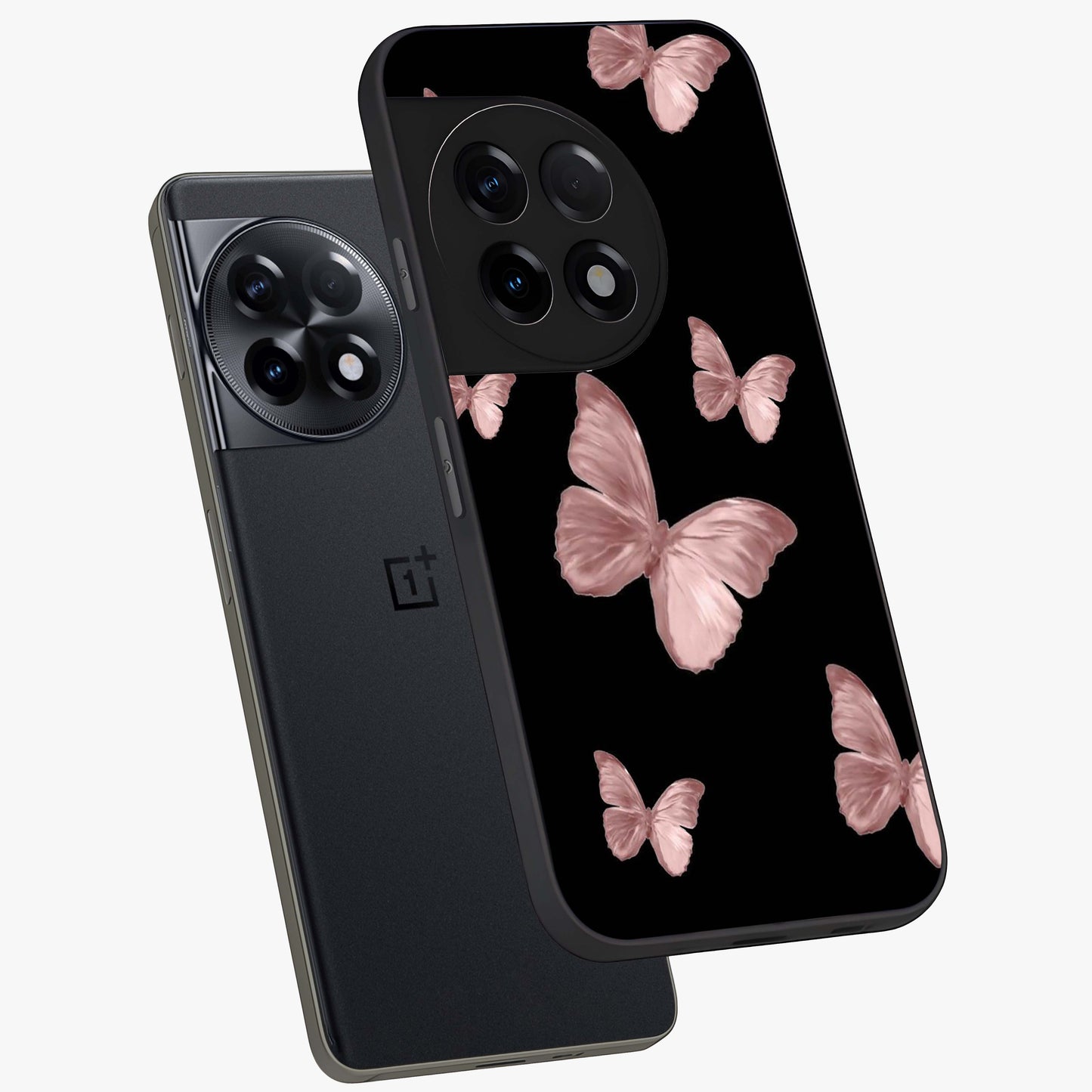 Butterfly Pattern Glass Case for 1+11R angled mockup showcasing glossy glass finish and delicate wing design