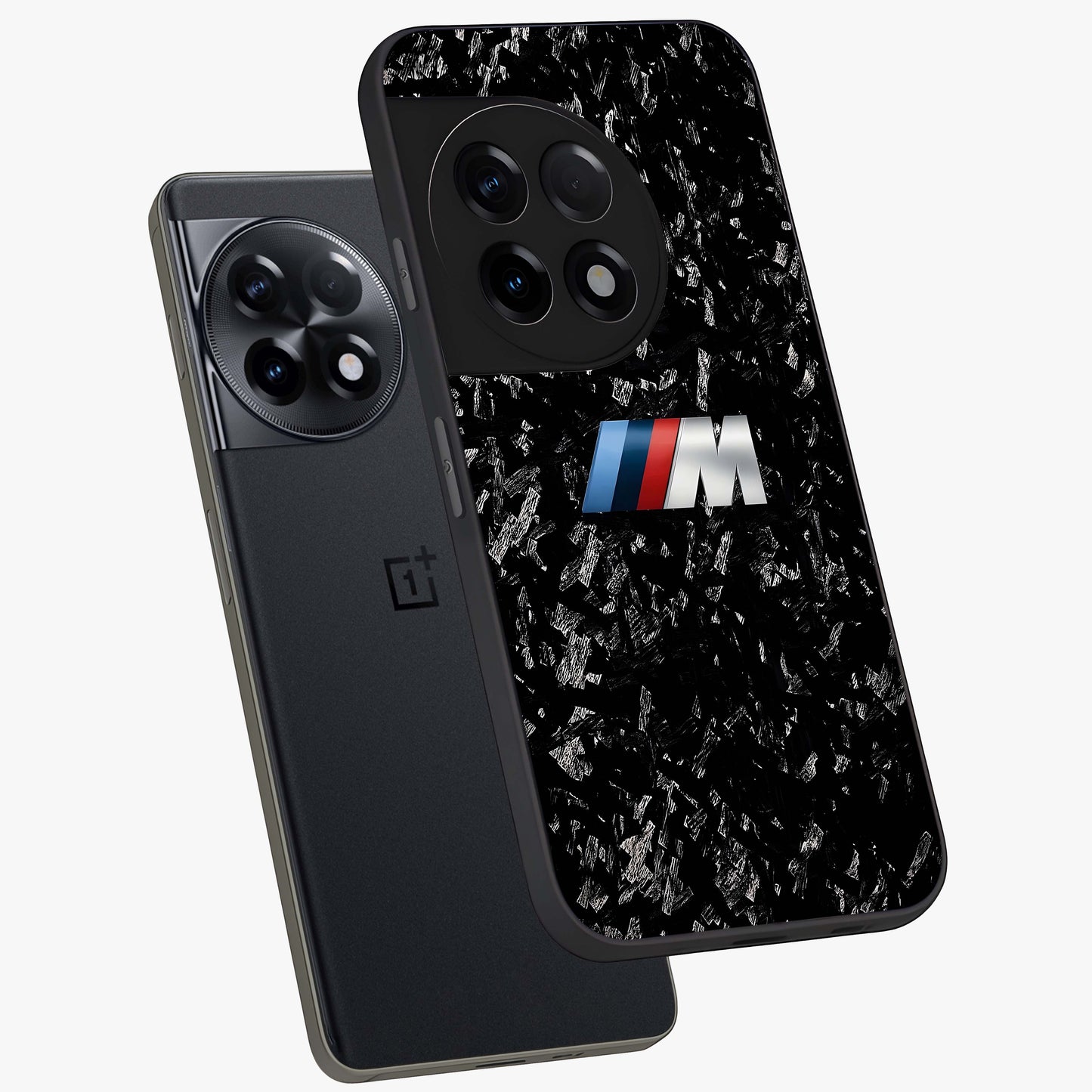 Carbon Speed Mark Glass Case for 1+11R angled mockup showcasing glossy finish and high performance aesthetic