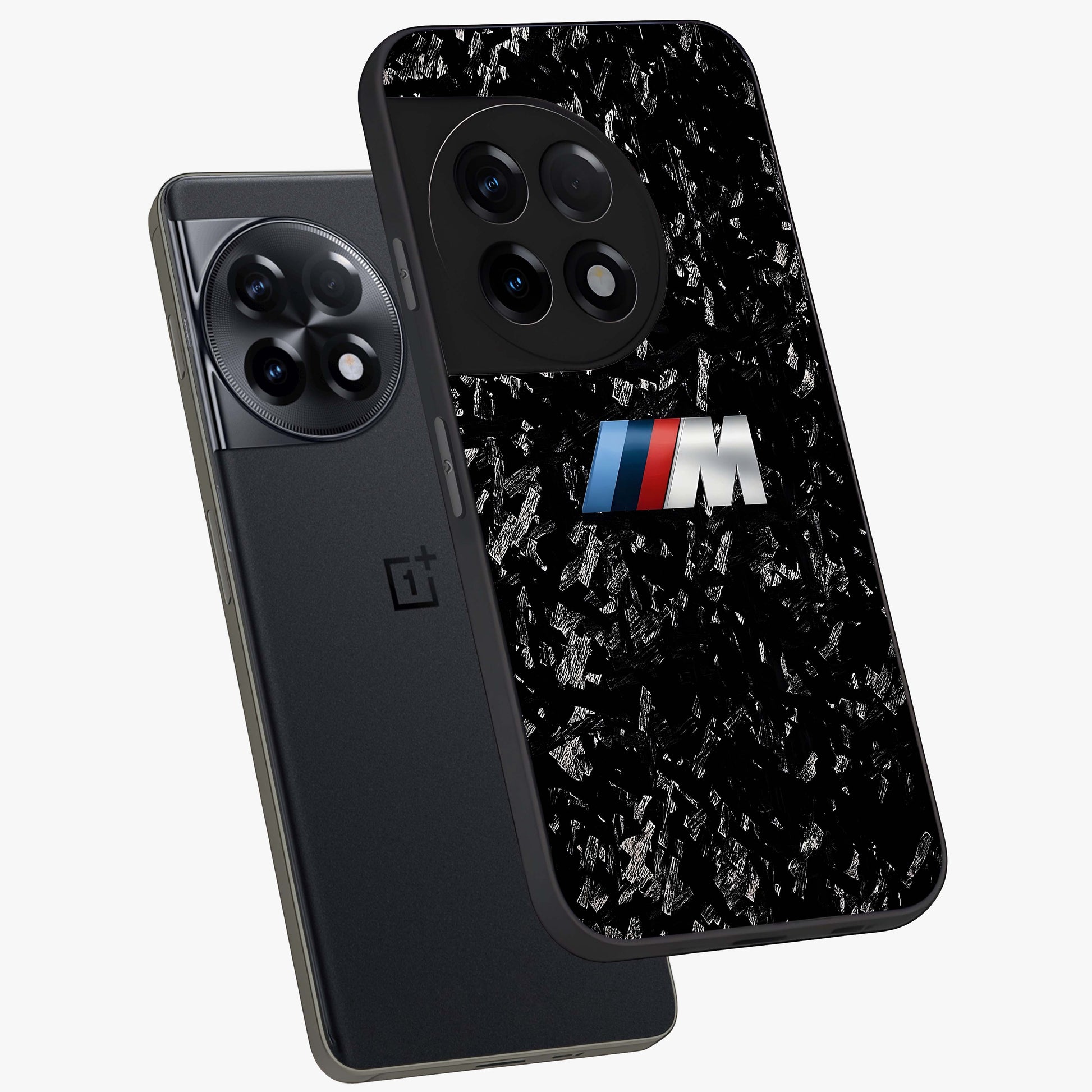 Carbon Speed Mark Glass Case for 1+11R angled mockup showcasing glossy finish and high performance aesthetic