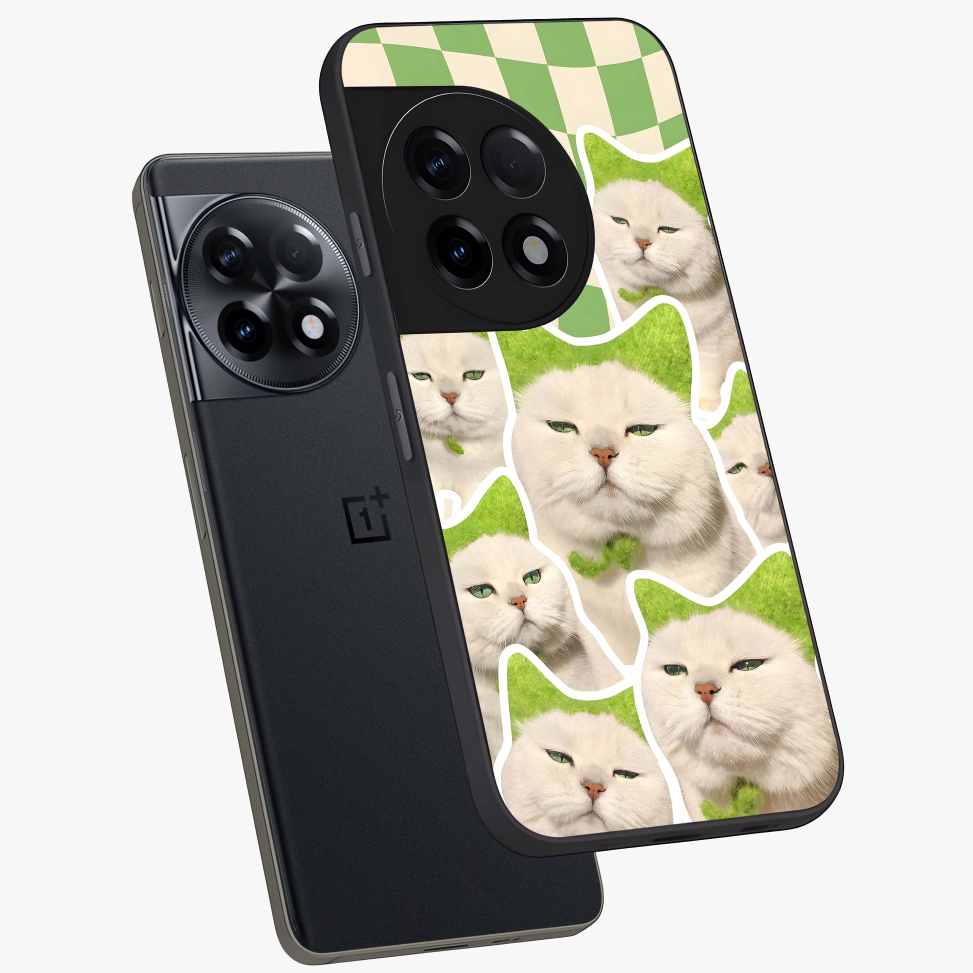 Cats Ethereal Bloom Glass Case for 1+11R angled mockup showcasing glossy finish and dreamy pastel tones