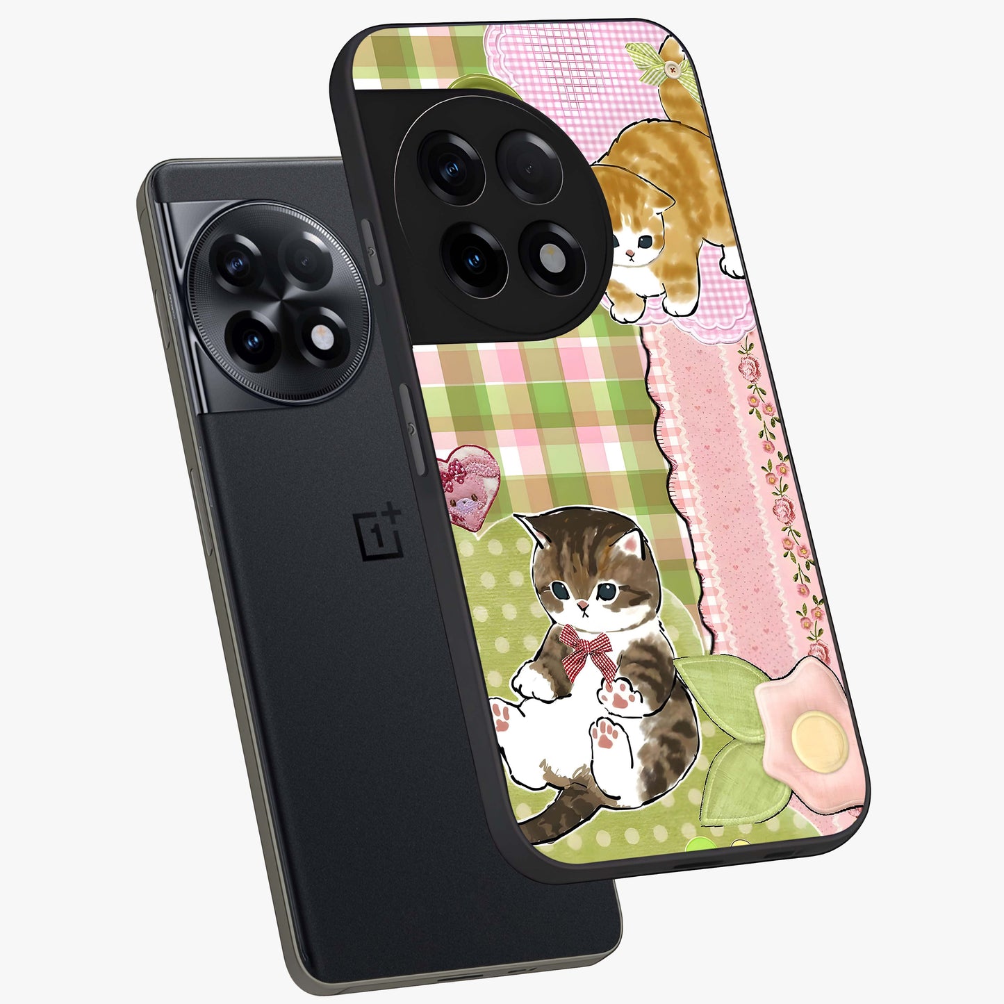 Cats Sweet Button Glass Case for 1+11R angled mockup showcasing glossy finish and charming character design