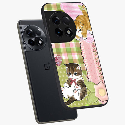 Cats Sweet Button Glass Case for 1+11R angled mockup showcasing glossy finish and charming character design