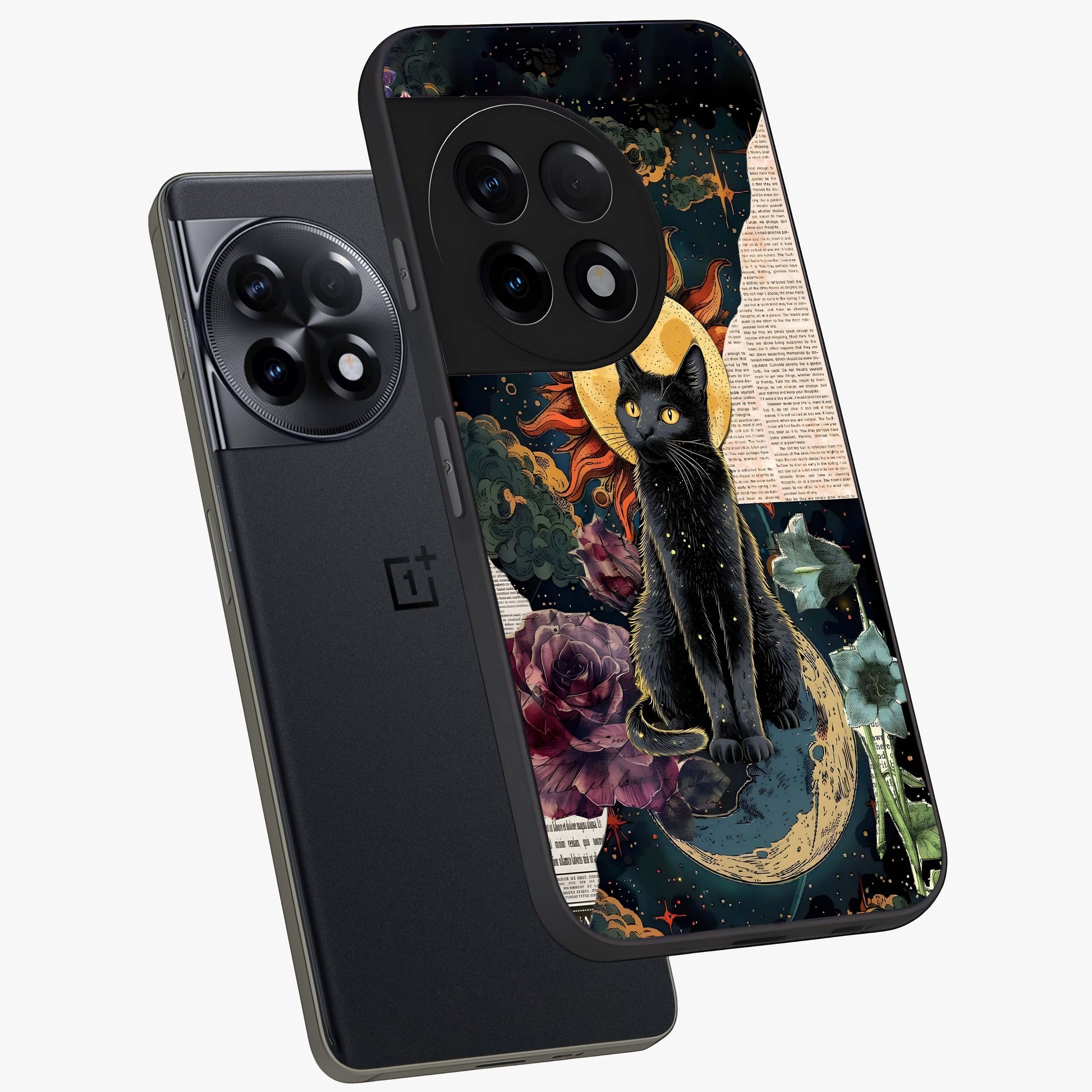 Celestial Black Cat Glass Case for 1+11R angled mockup showcasing glossy finish and celestial glow detailing