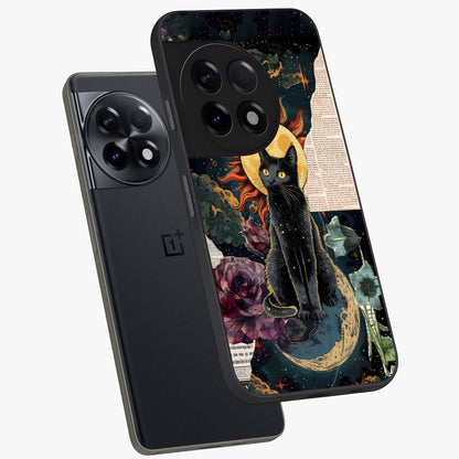 Celestial Black Cat Glass Case for 1+11R angled mockup showcasing glossy finish and celestial glow detailing