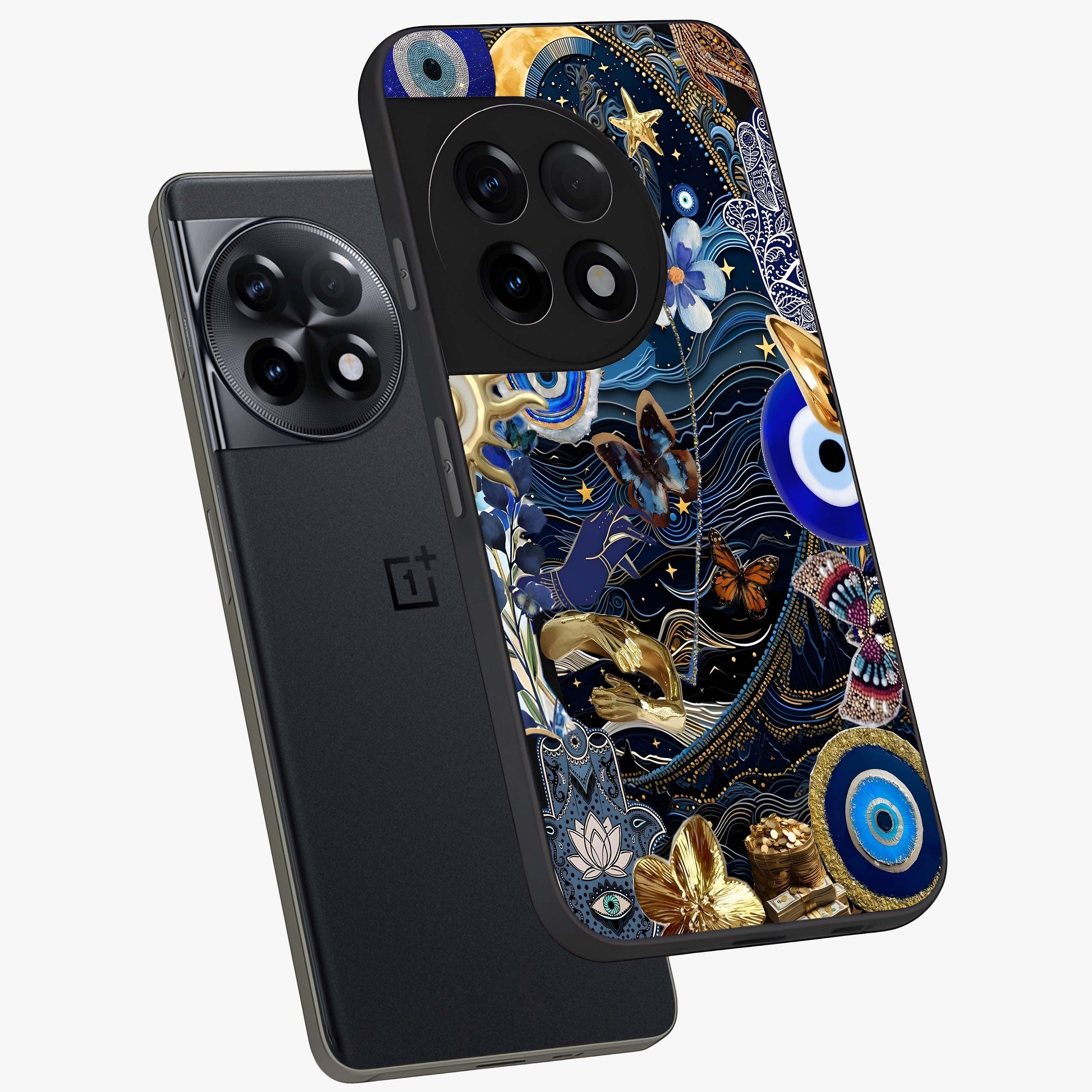 Celestial Blessing Shield Glass Case for 1+11R angled mockup showcasing glossy finish and divine design elements