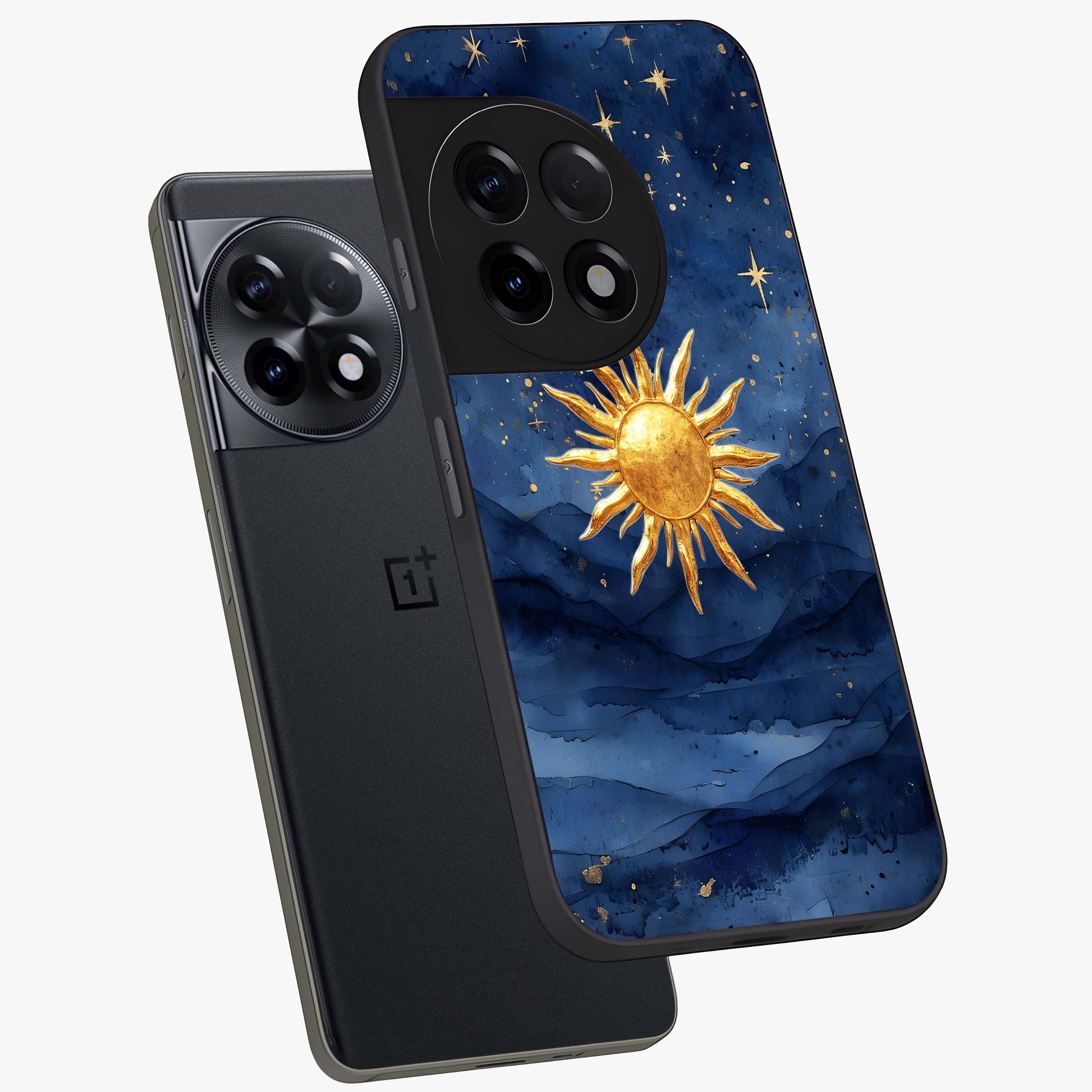 Celestial Blue Glow Glass Case for 1+11R angled mockup showcasing glossy finish and luminous celestial tones