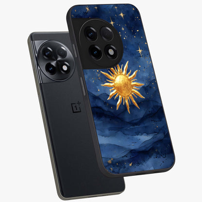 Celestial Blue Glow Glass Case for 1+11R angled mockup showcasing glossy finish and luminous celestial tones