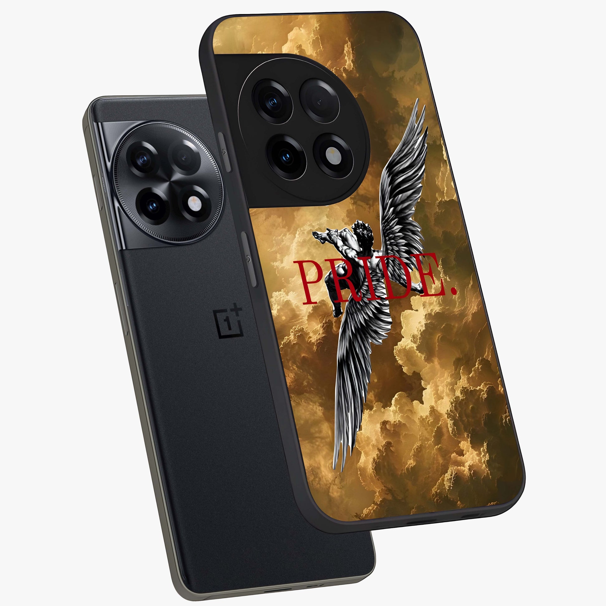 Celestial Fallen Pride Glass Case for 1+11R angled mockup showcasing glossy glass finish and intense night sky detailing