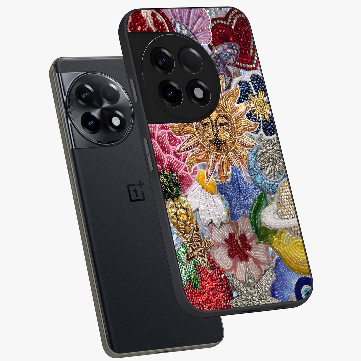 Celestial Floral and Playful Glass Case for 1+11R angled mockup showcasing glossy finish and colorful celestial detailing