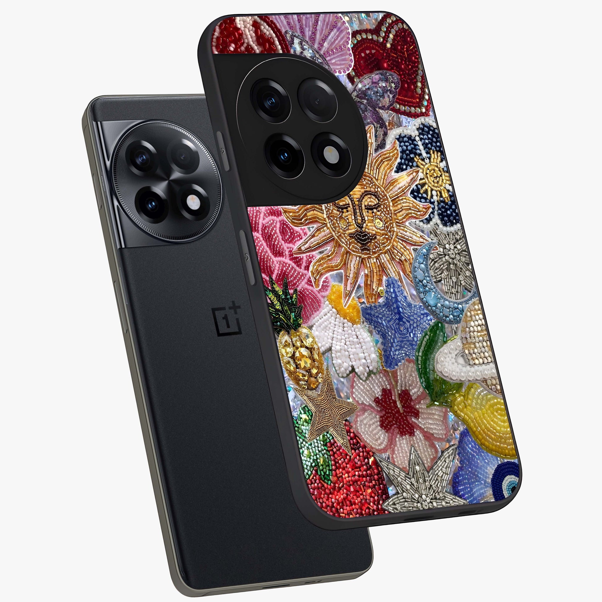 Celestial Floral and Playful Glass Case for 1+11R angled mockup showcasing glossy finish and colorful celestial detailing